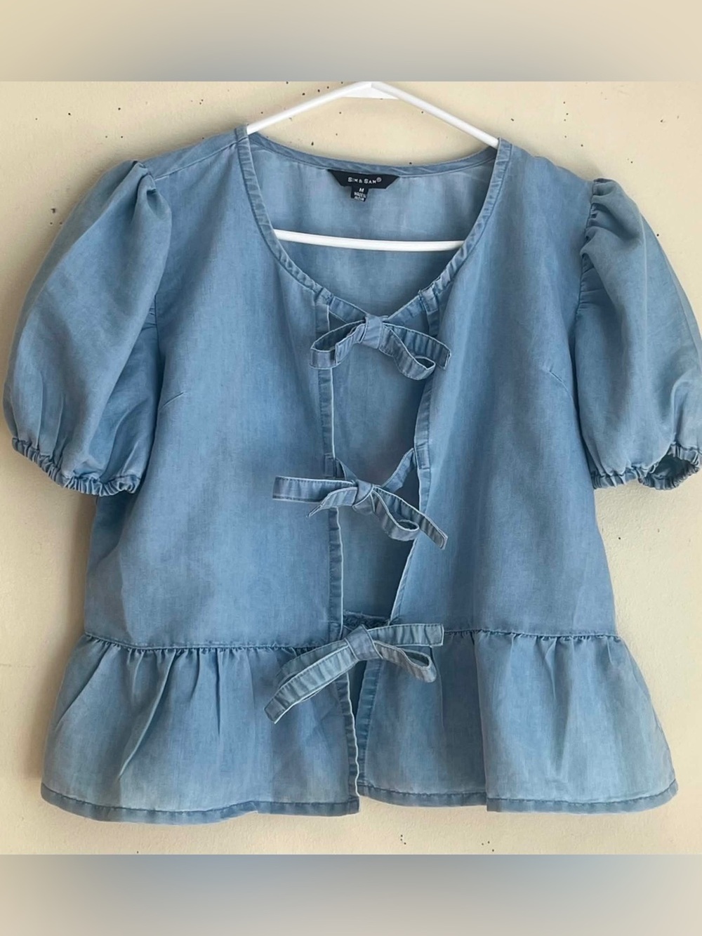Light Blue Tie-Front Peplum Puff-Sleeve Blouse